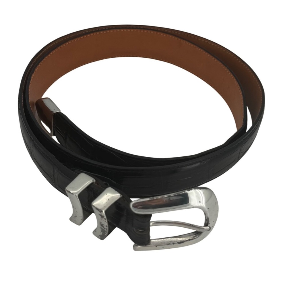 Onyx by Brighton Black Croc Embossed Leather Belt‎ Silver Buckle Western USA 44